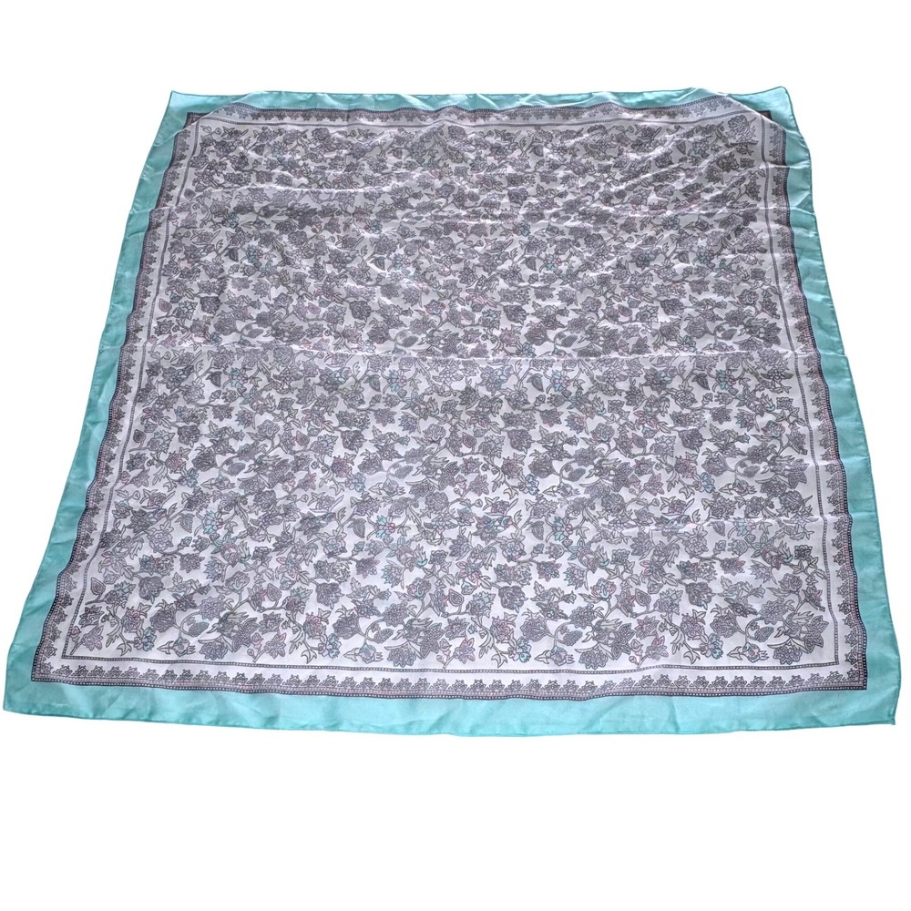 Vintage Berkshire Silken Polyester Scarf Floral Teal Border Grandmacore Coquette